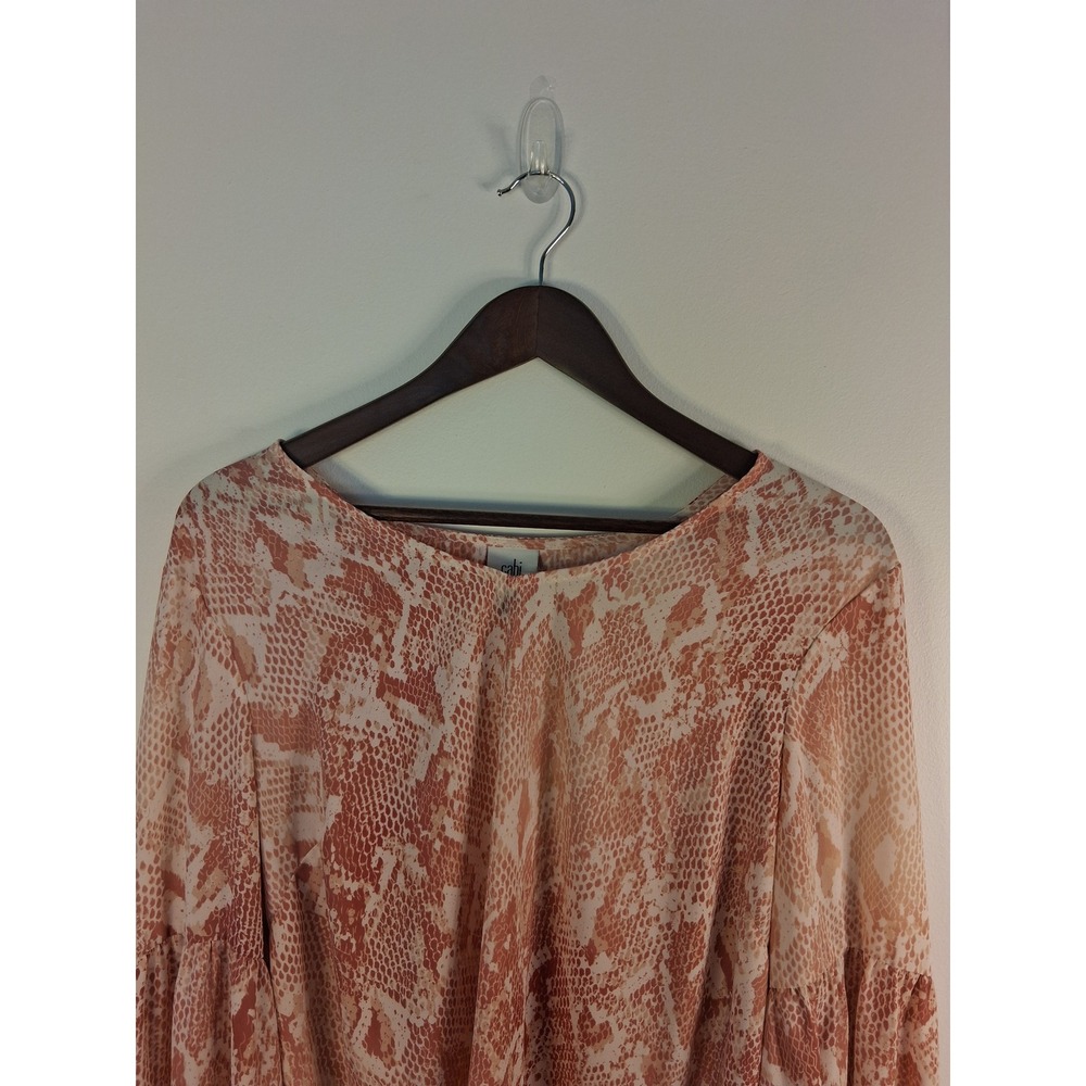Boho Cabi Snakeskin Print Blouse Womens Large Pink Tan Balloon Sleeve Pleat Back - Picture 2 of 5